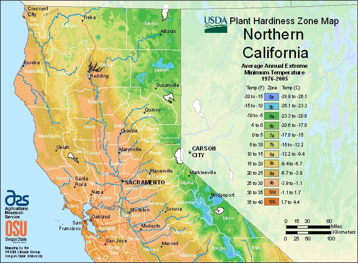 Northern California plant hardiness zone map