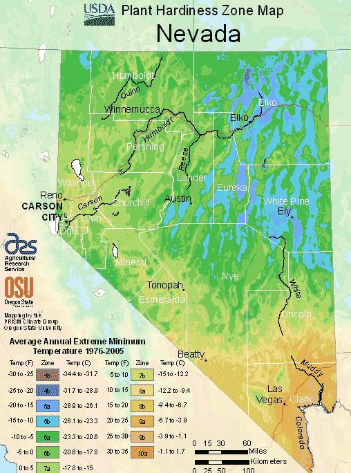 Nevada USDA Plant Hardiness Zone Map