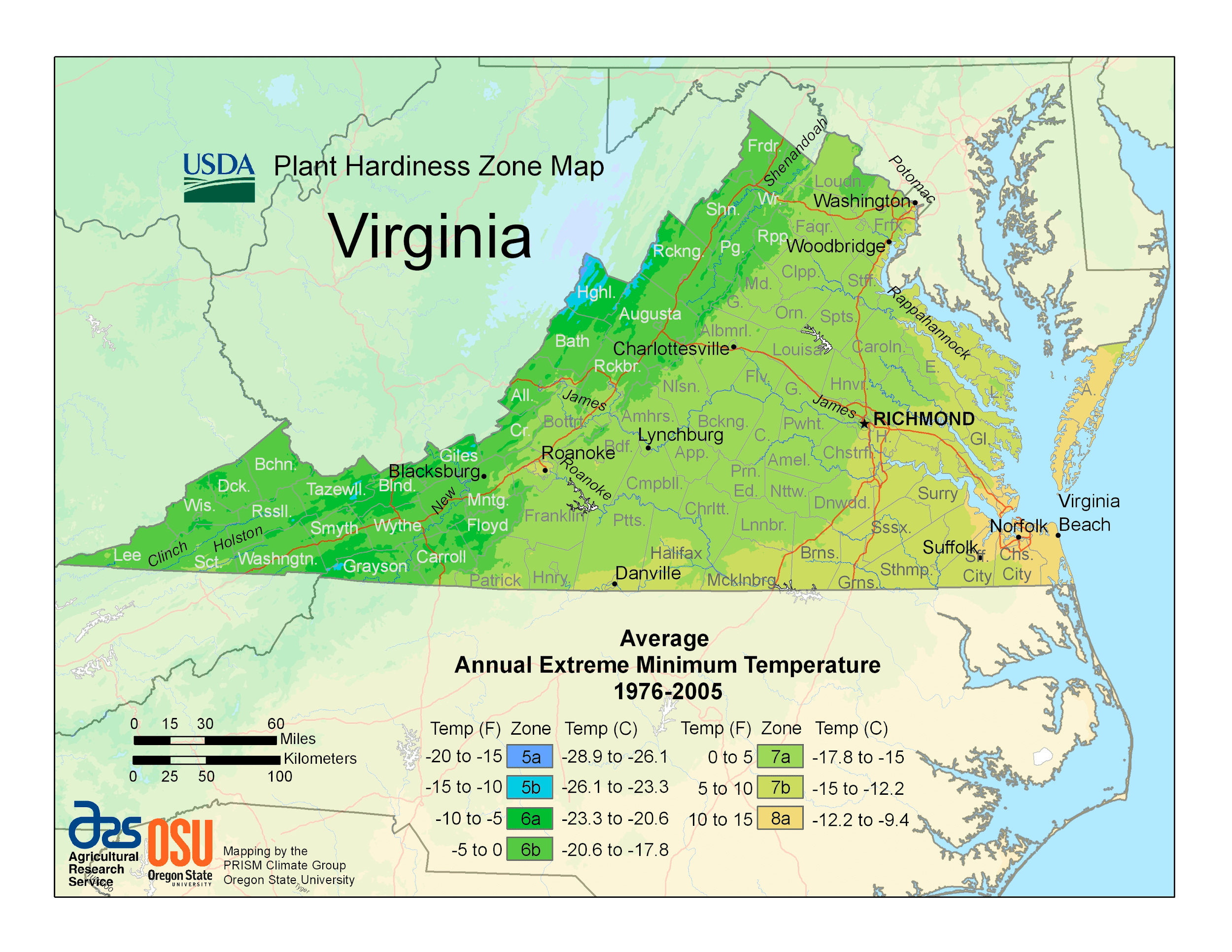 Virginia USDA Plant Hardiness Zone Map