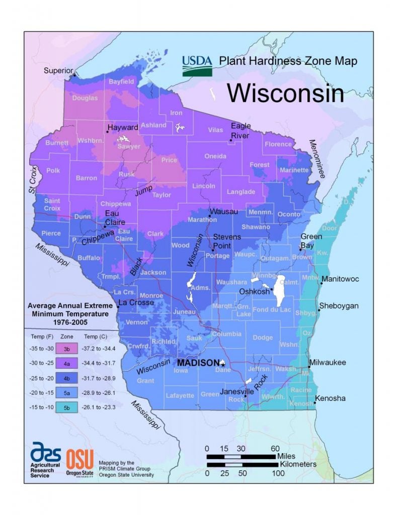 Wisconsin USDA Plant Hardiness Zone Map