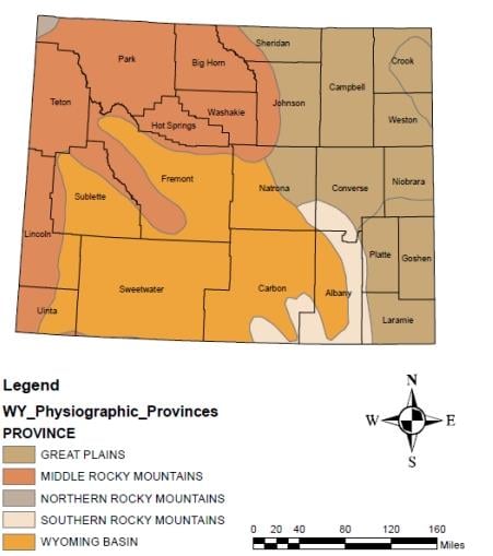 Map of 5 physiographic provinces of Wyoming